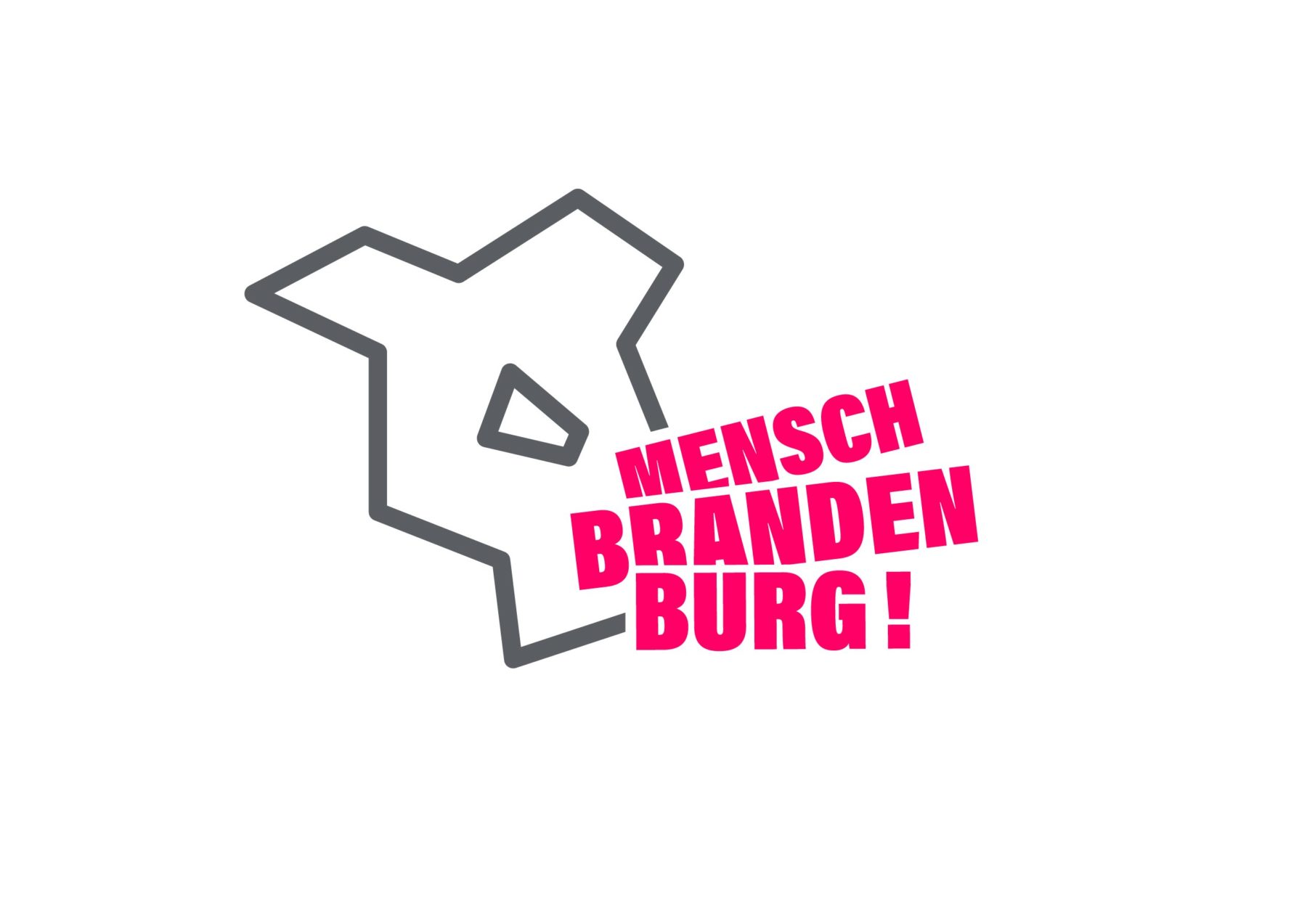 Die grafischen Umrisse Brandenburgs in grau mit einem pinken Schriftzug