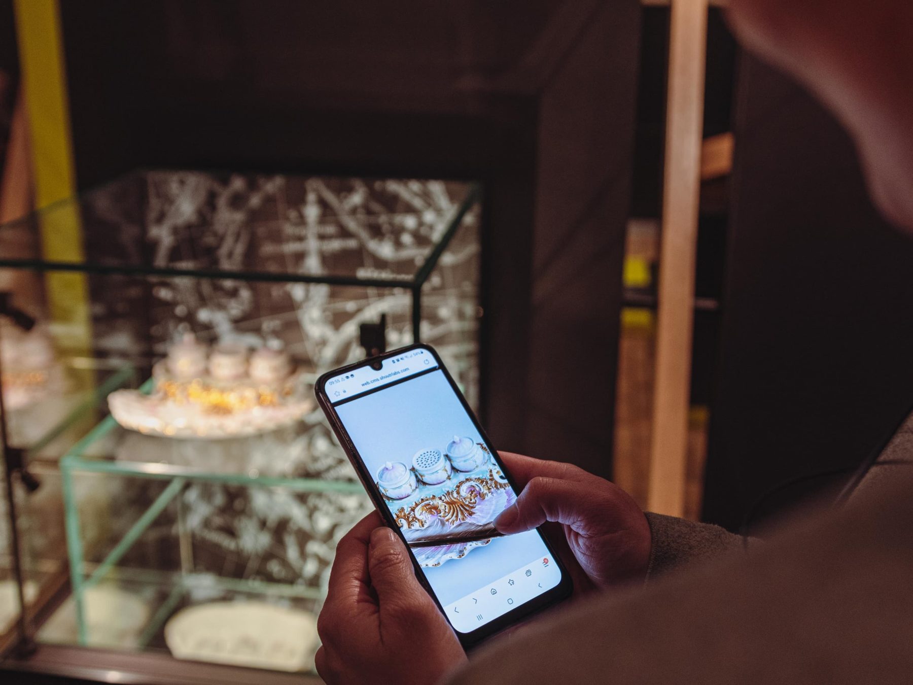 Eine Person, die ein Smartphone in der Hand hält und ein Museumsobjekt ansieht