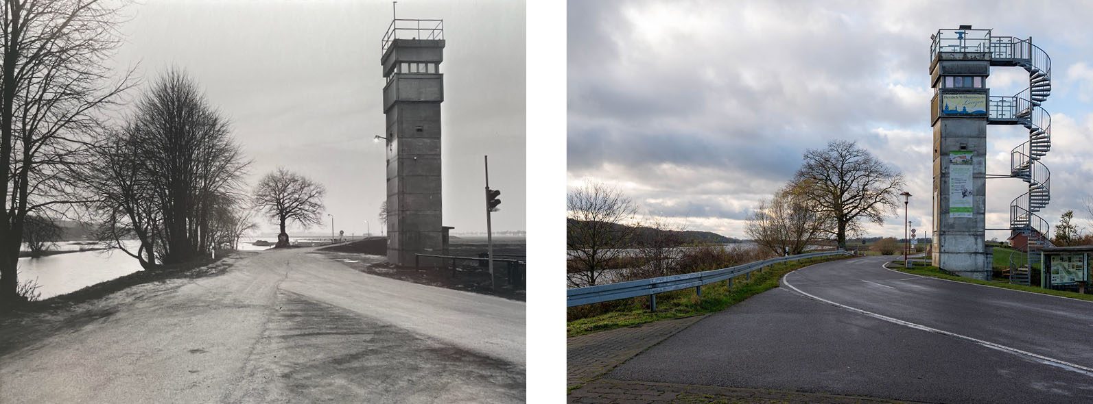 Fährstation Lenzen-Pevestorf mit Wachturm, links Fotografie und Gedächtnis / Foto: Jürgen Rehrmann 24.3.1995, rechts FH Potsdam 20.11.2025 / Foto: Charlotte Schröter und Merle Kauf