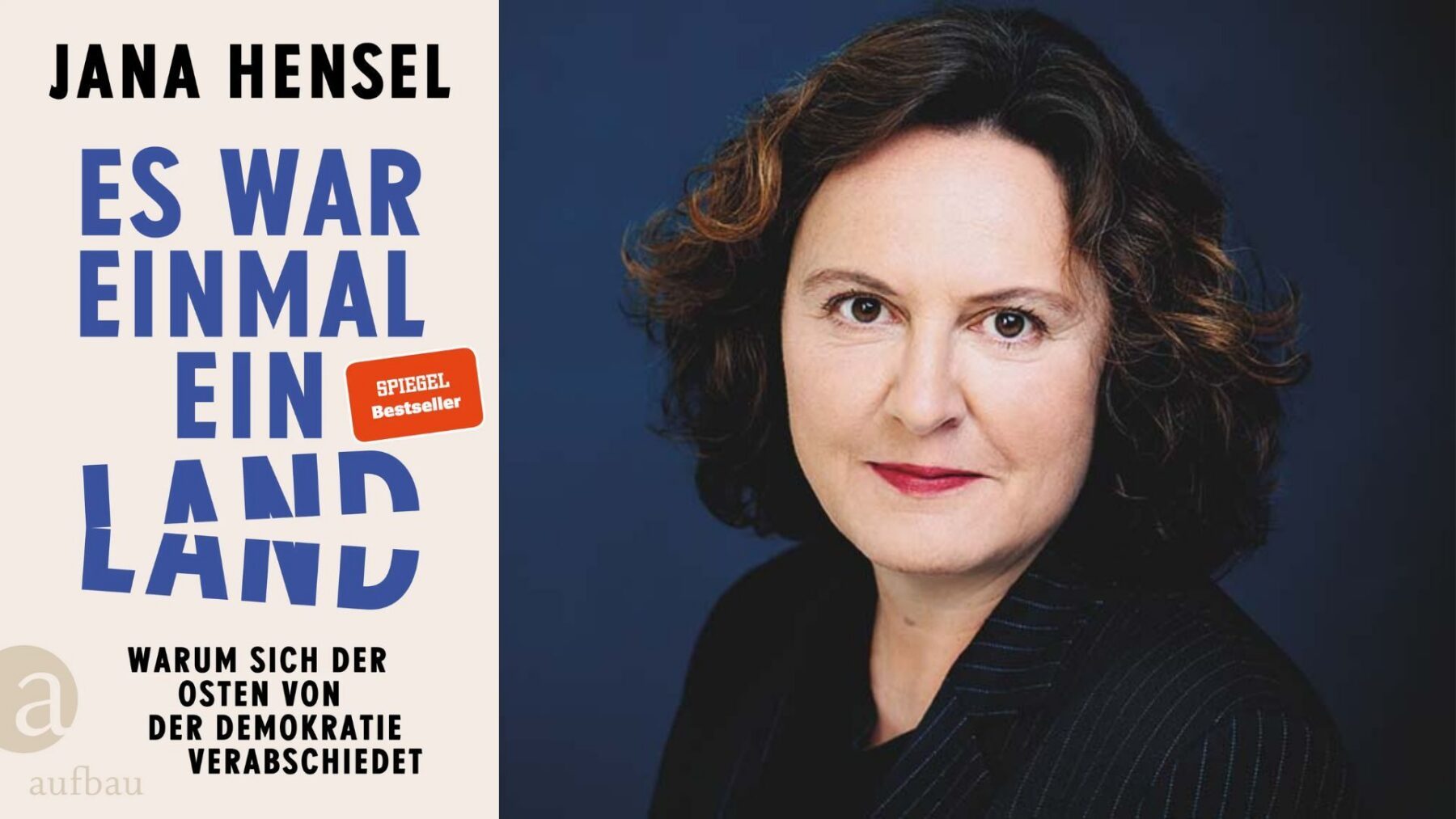 Ein Portraitfoto einer weiblichen Person mit dunklen, lockigen Haaren Haaren vor einem dunkelblauen Hintergrund. Links im Bild ein Buchcover mit dem Titel Es war einmal ein Land