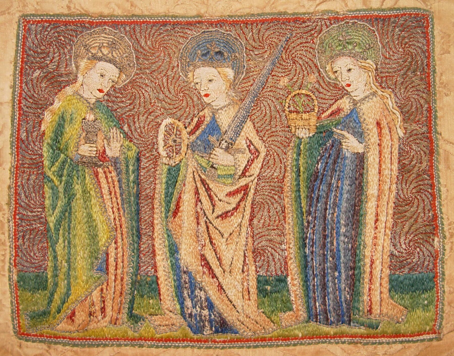 Die Heiligen Barbara, Katharina und Dorothea, Stickerei, nach 1455/1460, Detail, © Domstift Brandenburg