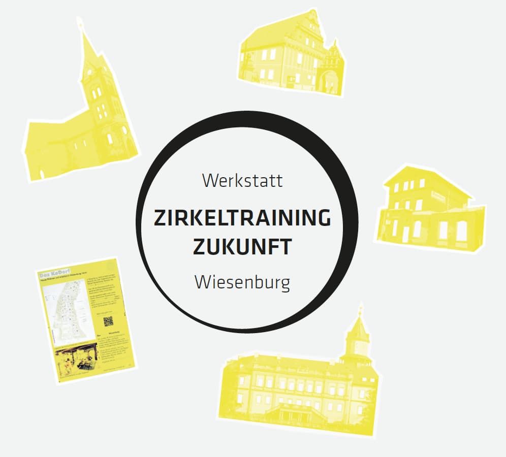 Logo in schwarzweiss der Werkstatt Zirkeltraining Zukunft und gelbe Skizzen von Gebäuden