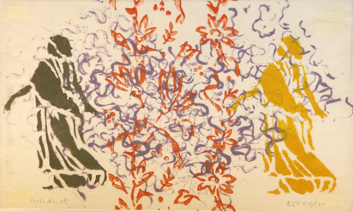 Schablonendruck mit floralen Mustern und zwei Frauen